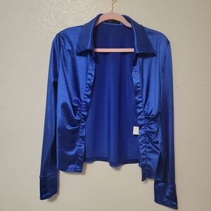 SHEIN Royal Blue Satin Button-Front Blouse